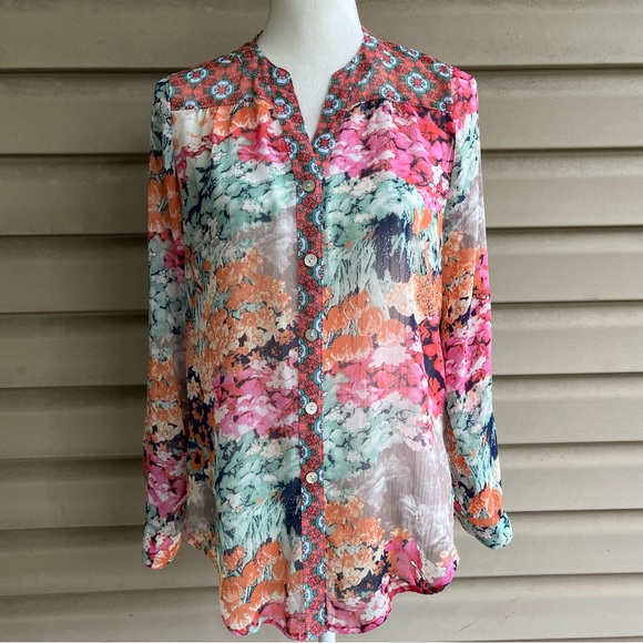 •Fig and Flower• Semi-Sheer Multi-Patterned Button Down Blouse - Size Medium - Picture 1 of 8
